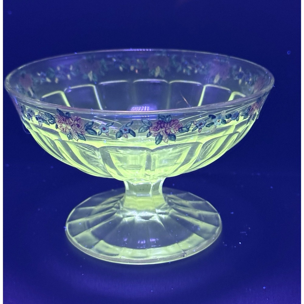 Vintage Glass Compote Pedestal Bowl UV REACTIVE Maganese Hand-Painted Floral‎
